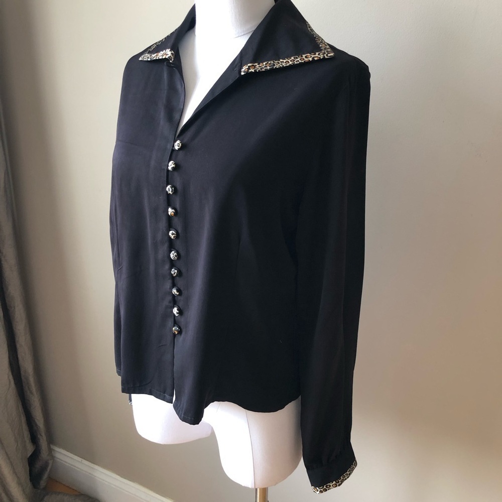 Vintage Black Blouse with Leopard Trim